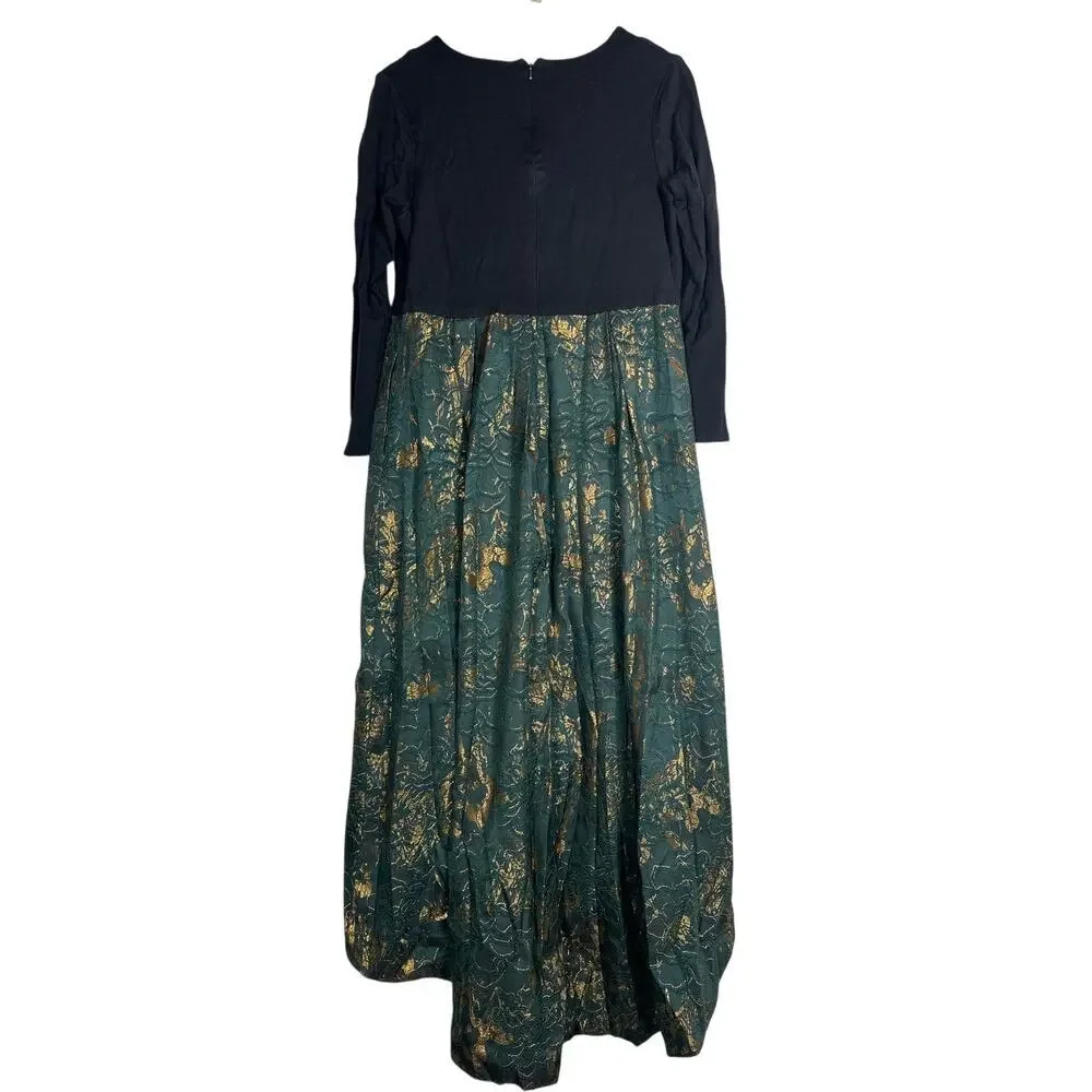 Hutch Marilyn Dress Long Sleeve Floral Jacquard Skirt Hi Lo Gown Black Green 14W